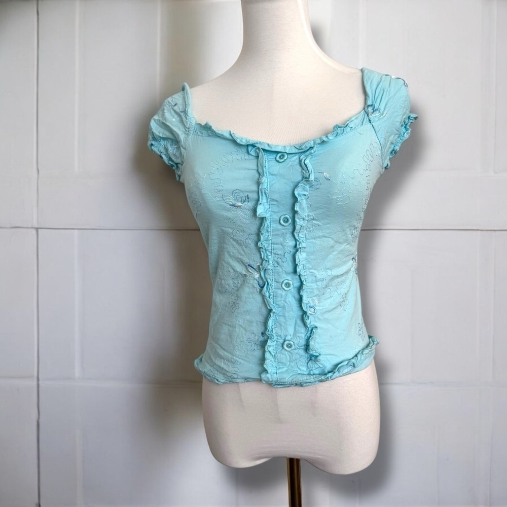 Y2K Light Blue Ruffled Women's Top milkmaid S coquette coastal cowgirl